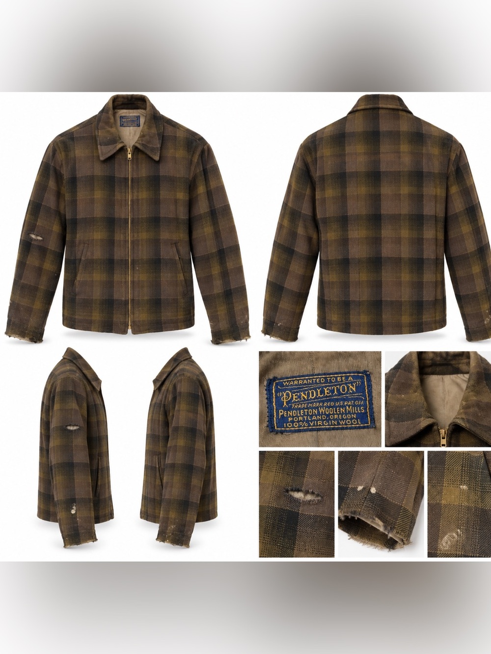 Vintage 1950s Pendleton Shadow Plaid Wool Zip Jacket Distressed Paint Mens S 40